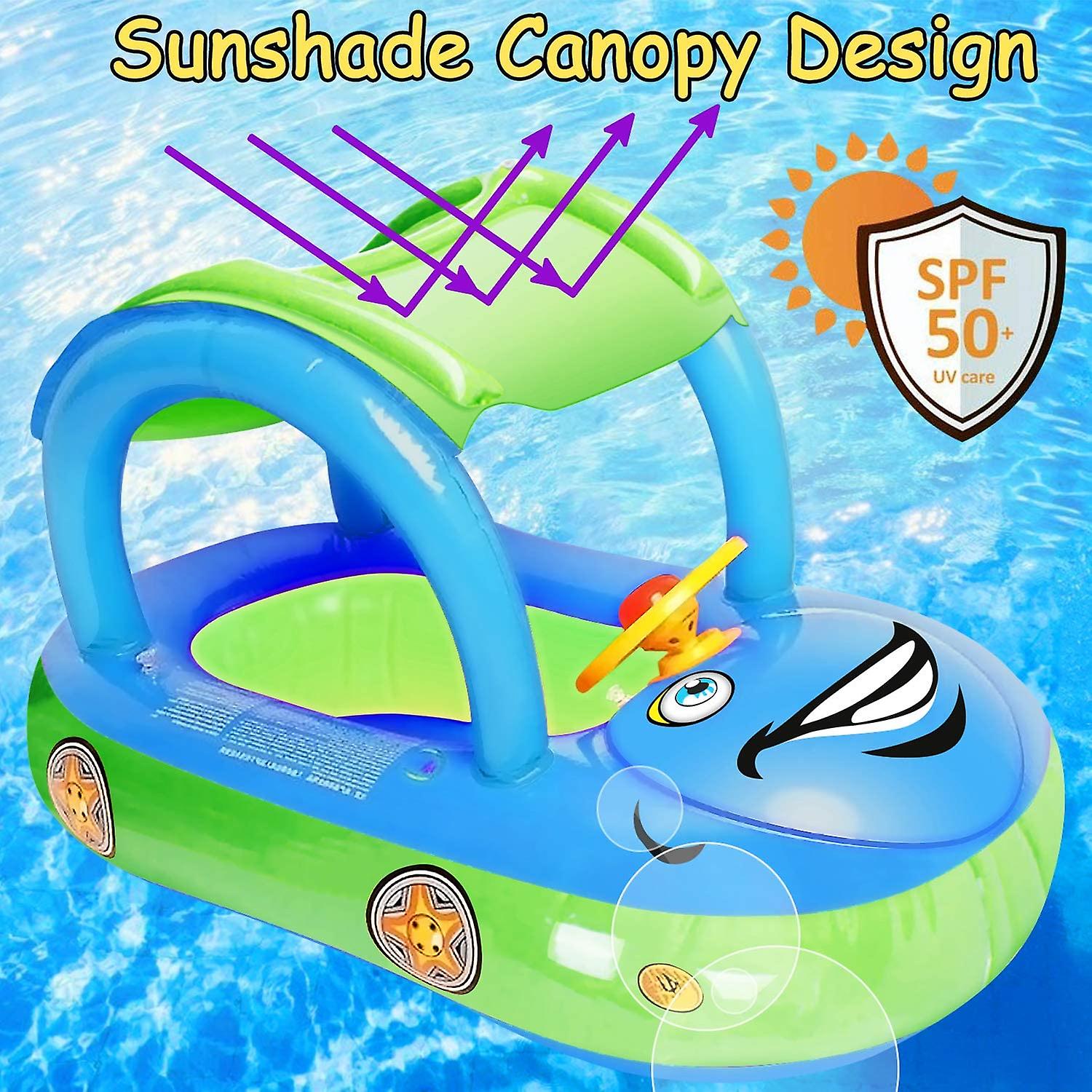 Baby Inflatable Pool Float With Canopy， Car Shaped Babies Swim Float Boat With Sunshade Safty Seat For Toddler Infant Swim Ring Pool Spring Floaties S