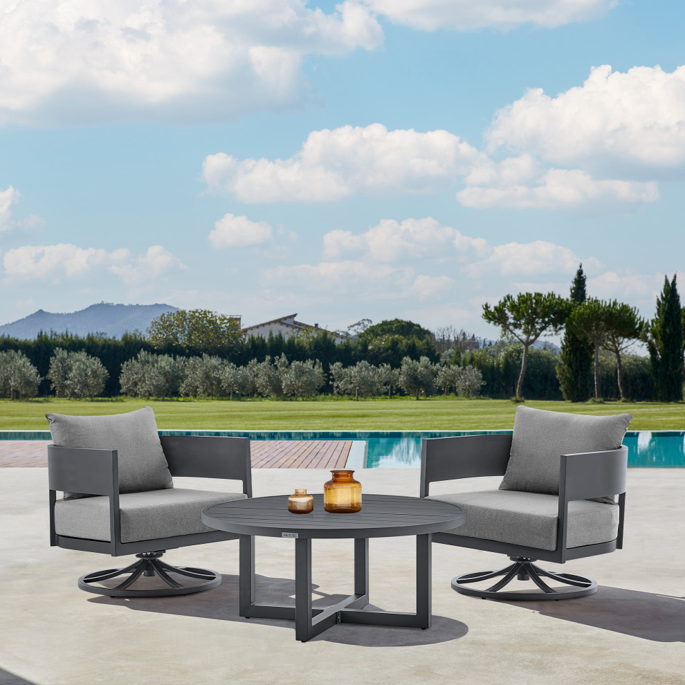 Argiope 3 Piece Patio Swivel Seating Set  Gray Aluminum With Gray Cushions   Transitional   Outdoor Lounge Sets   by Armen Living  Houzz