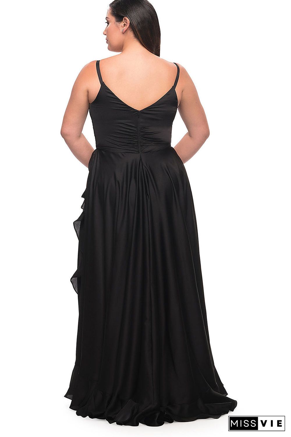 Black Ruffled Thigh High Slit Sleeveless Plus Size Evening Dress