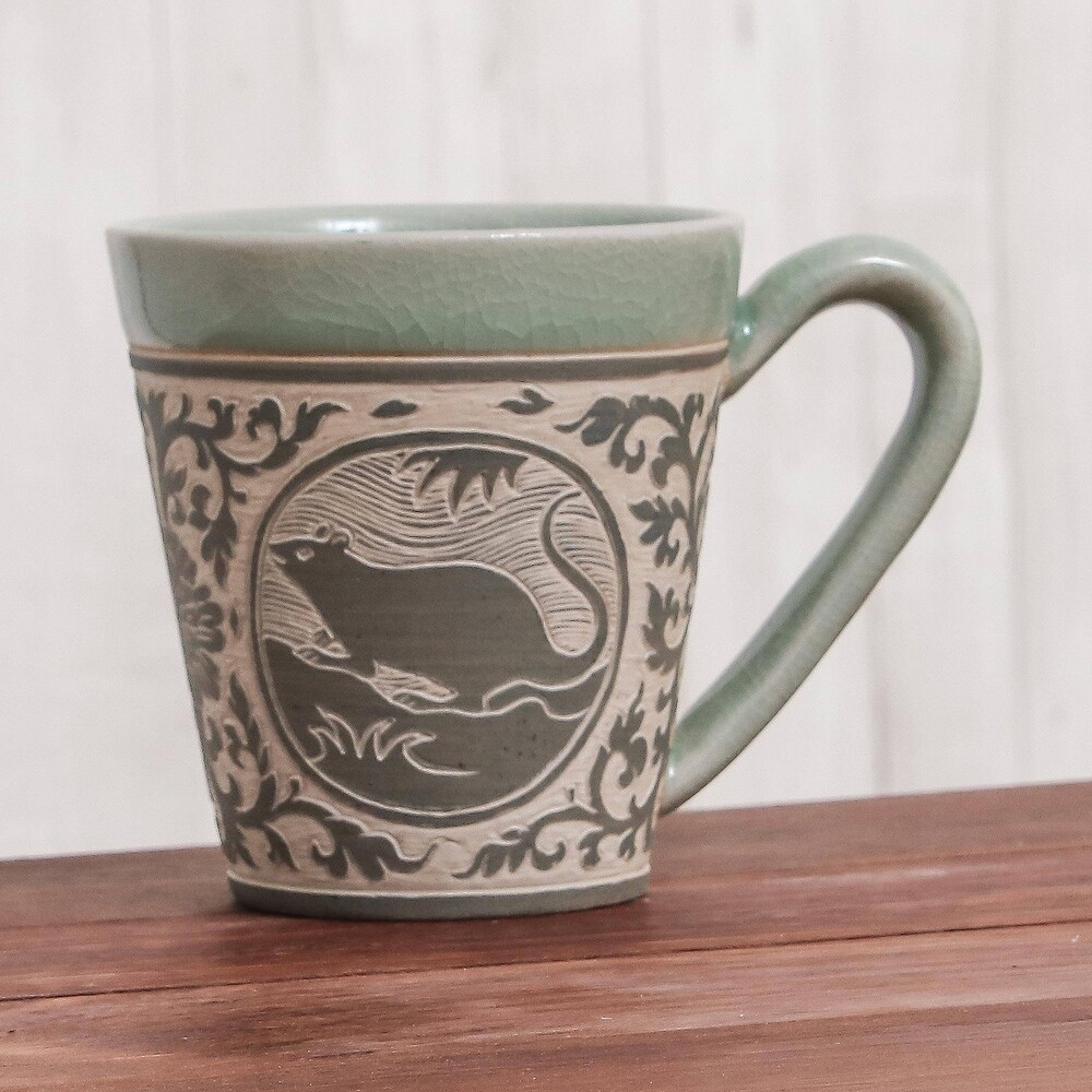 Handmade Thai Zodiac Rat Celadon ceramic mug (Thailand)