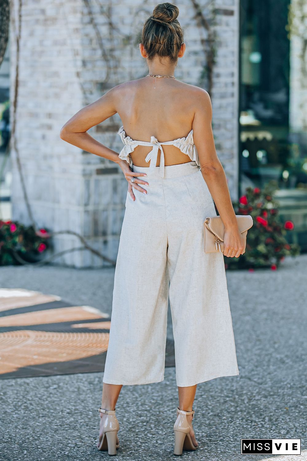 Beige Ruffled Strapless Wide Leg Jumpsuit