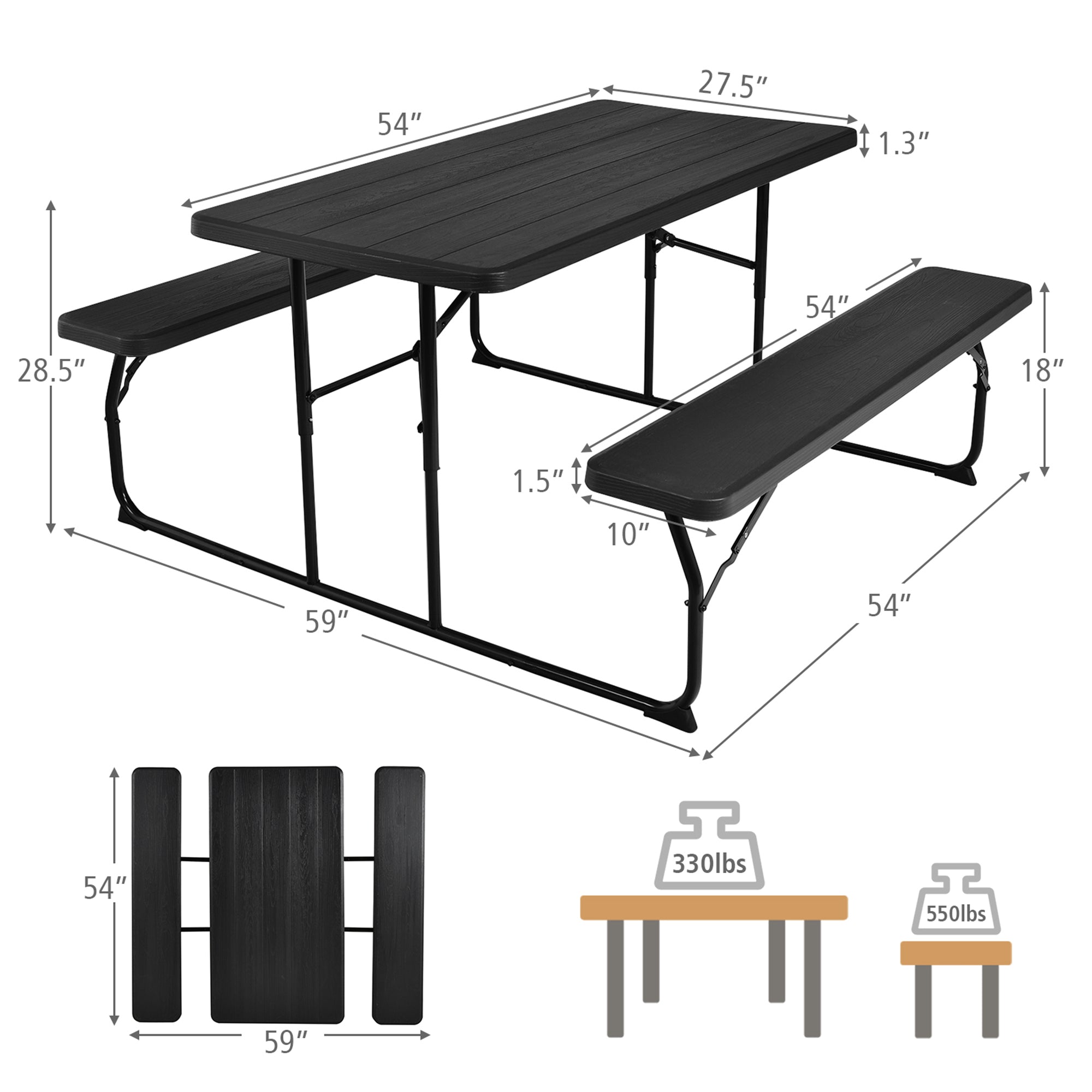 Gymax Folding Picnic Table and Bench Set for Camping BBQ w/ Steel Frame Black