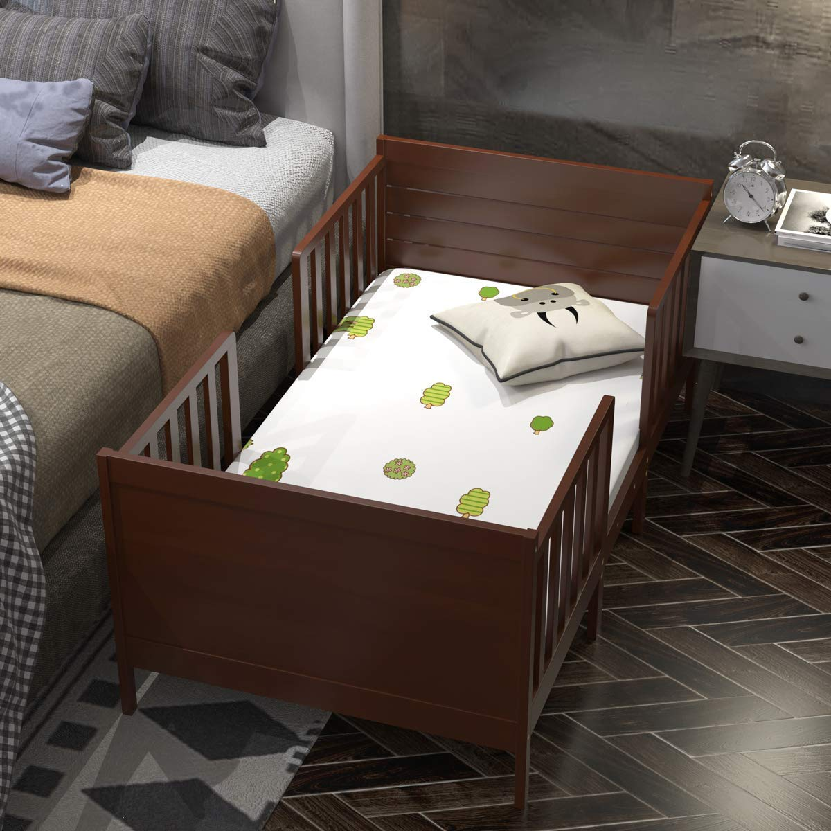 2 in 1 Convertible Wood Toddler Bed w/ 2 Side Guardrails