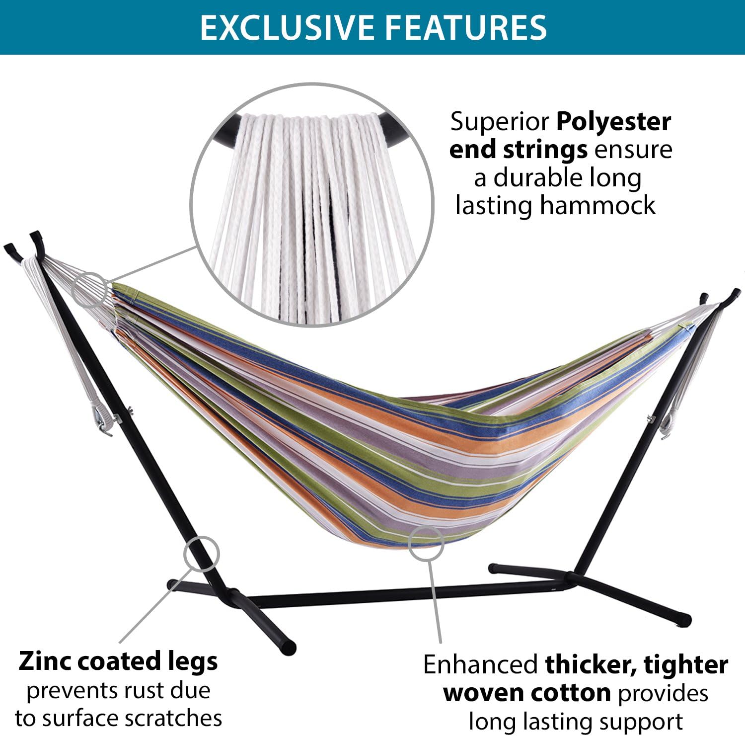 Double Cotton Hammock with Space Saving Steel Stand, Tropical (450 lb Capacity - Premium Carry Bag Included)