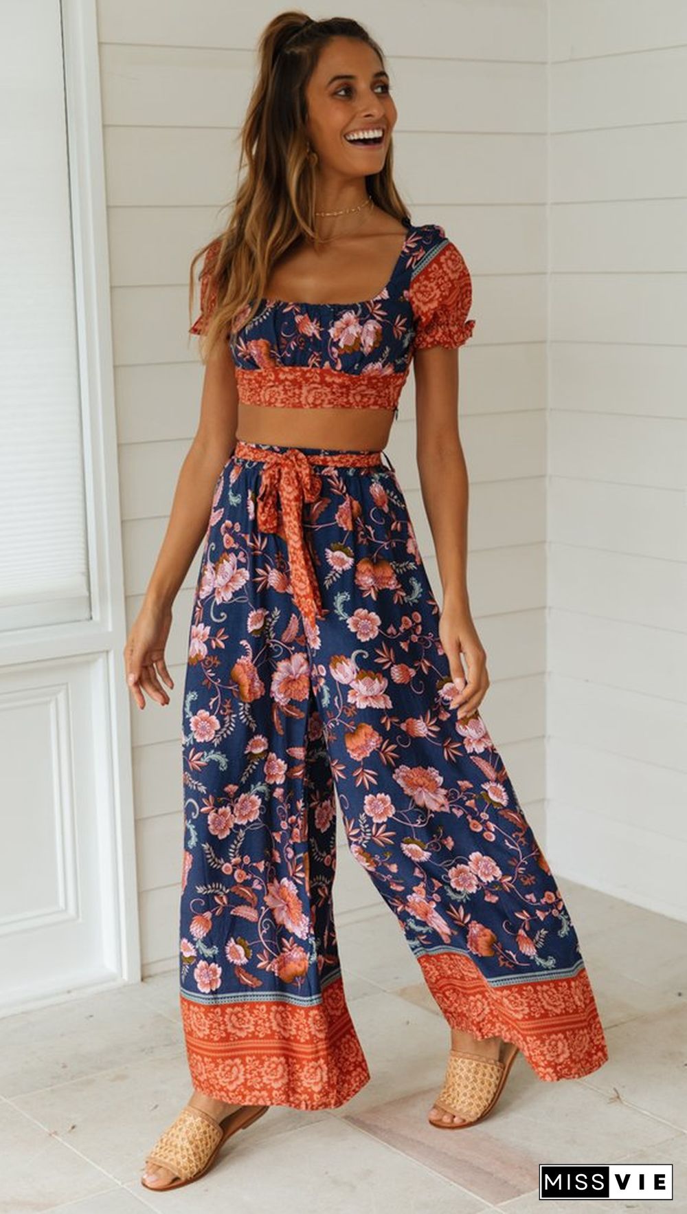 Navy Floral Crop Top and Pants Matching Sets