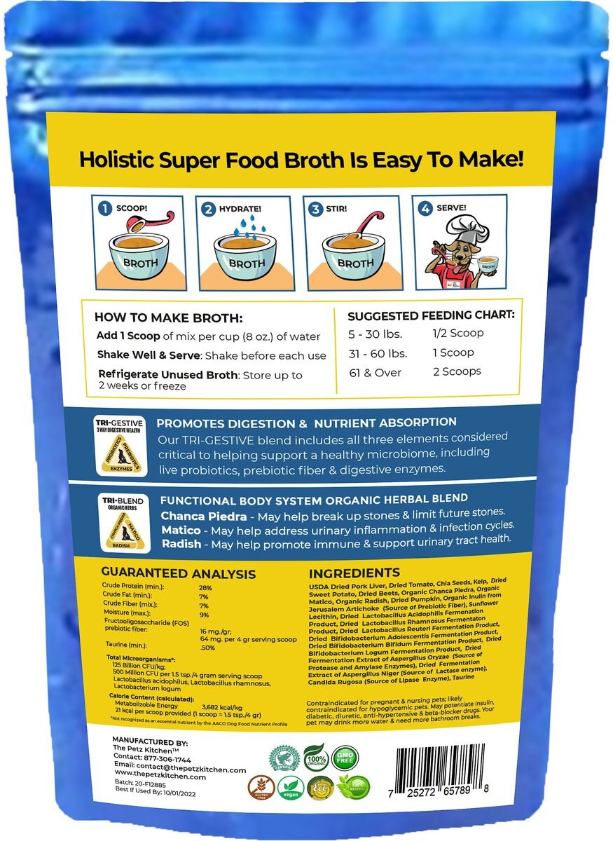 The Petz Kitchen Holistic Super Food Broth Stone Breaker Support Pork Flavor Concentrate Powder Dog and Cat Supplement， 4.5-oz bag