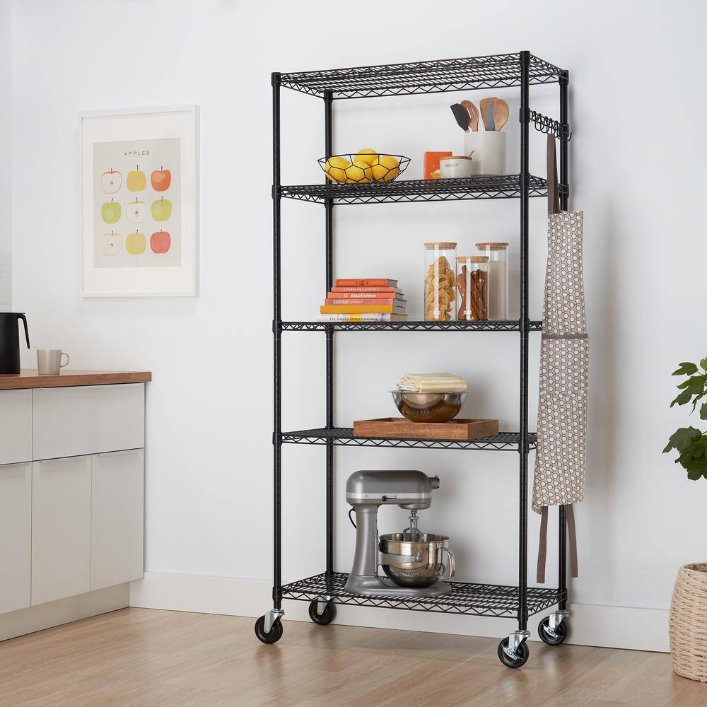 TRINITY Black 5-Tier Rolling Steel Wire Garage Storage Shelving Unit w Sidebar and Wheels ( 36 in. W x 77 in. H x 18 in. D ) TBFPBK-0906