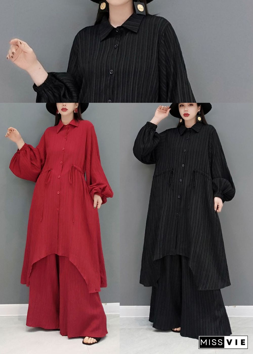 Style Black Drawstring Asymmetrical Cotton Long Shirt And Wide Leg Pants Two Pieces Set Spring