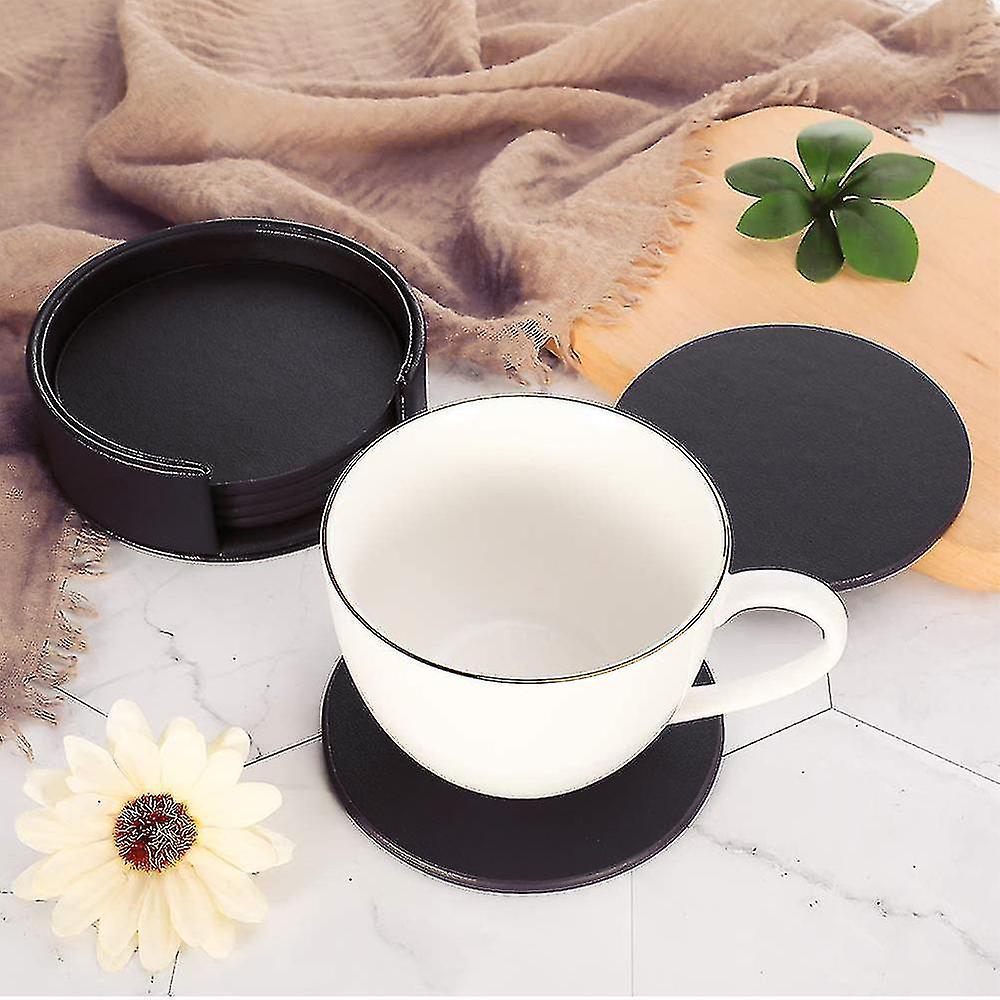 6pcs Coasters For Drinks， Leather Coasters With Holder，protect Furniture From Damage - Brown