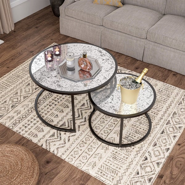 Set of 2 round coffee tables with metal frame and glass top table