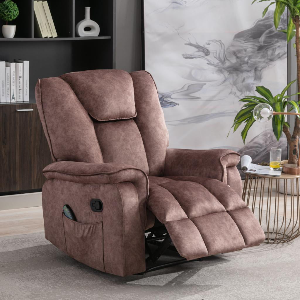 BTMWAY Recliner Chair, Manual Recliner Couch with Vibration Massage, Rocking Function and Heating System, Velvet Fabric Reclining Sofa with Side Pockets, Ergonomic Massage Lounge for Elderly, Brown