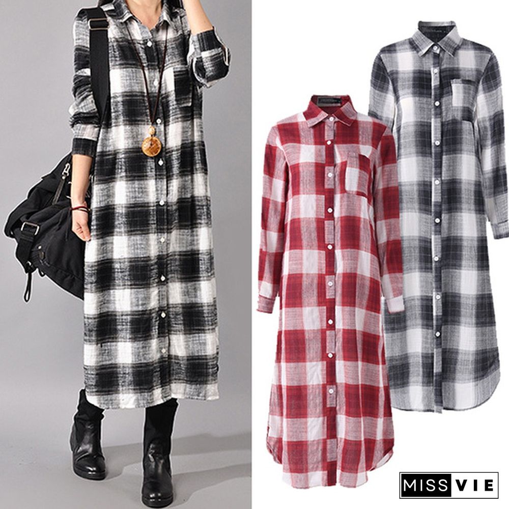 Zanzea Women Full Sleeve Lapel Collar Plaid Printed Straight Check Dress Casual Loose Dresses