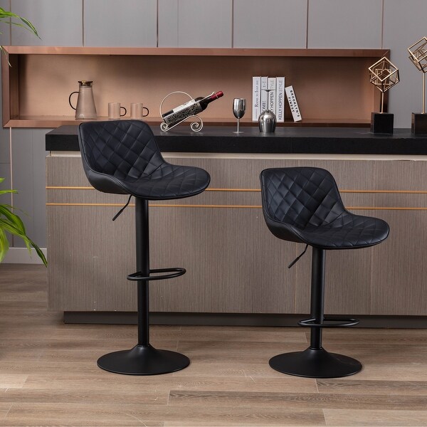 Modern Bar Stools Set of 2 Adjustable Mechanical Lifting PU and Black Leg Bar Stool， Chrome Footrest and Base Swivel Height