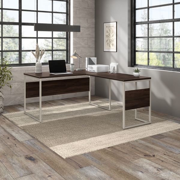 Bush Business Furniture Hybrid 60W x 30D L Shaped Table Desk with Metal Legs in Black Walnut