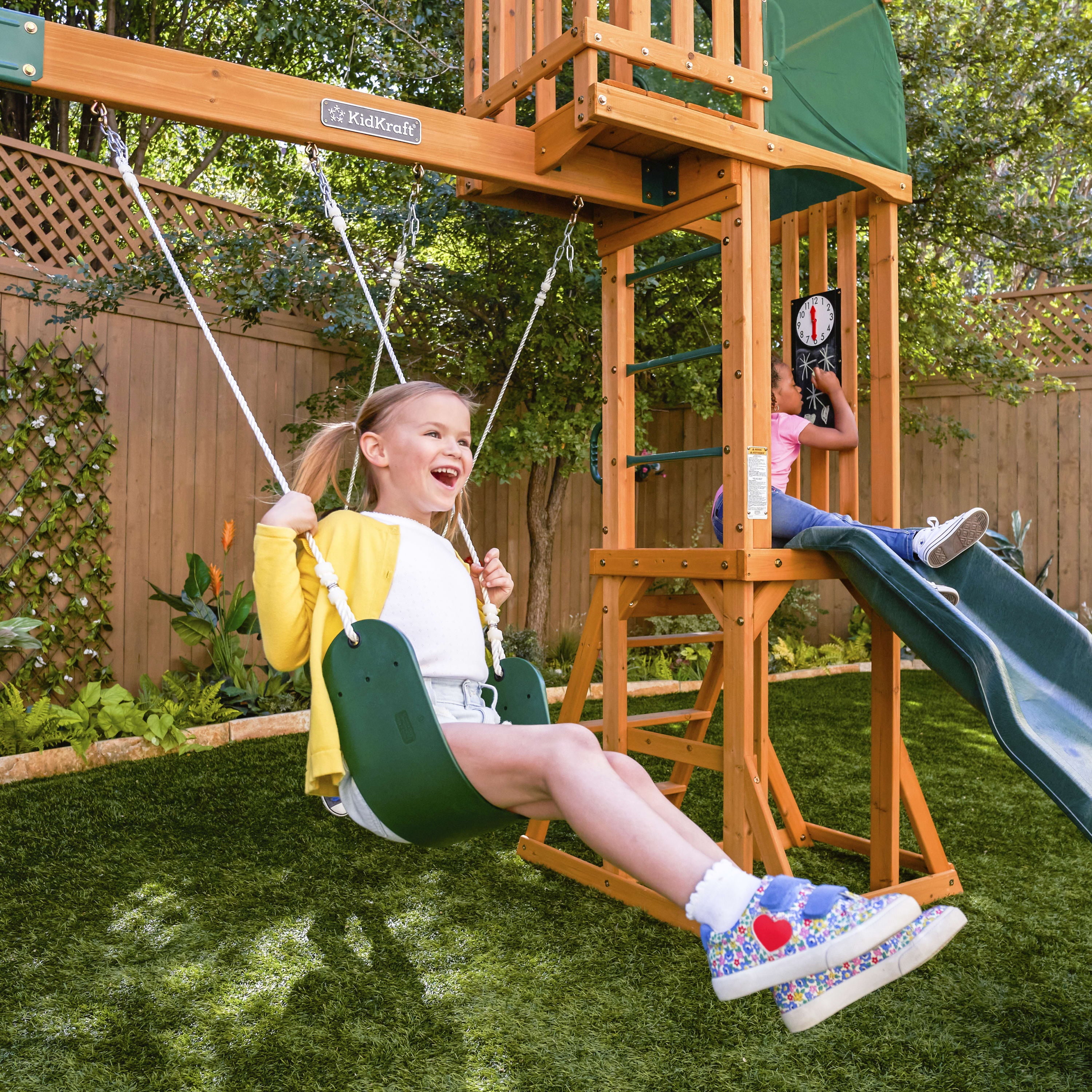 KidKraft Hawk Tower Wooden Swing Set with Slide and 2 Swings