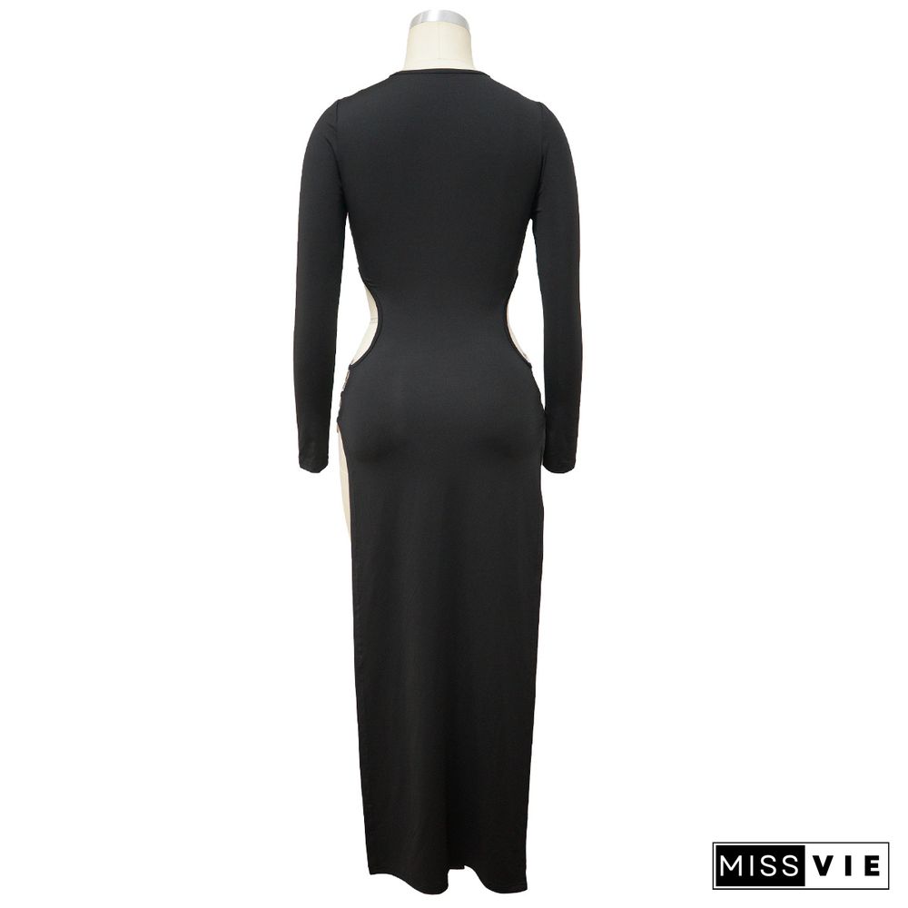 Long Sleeve O Neck Hollow Out Side Slit Dress