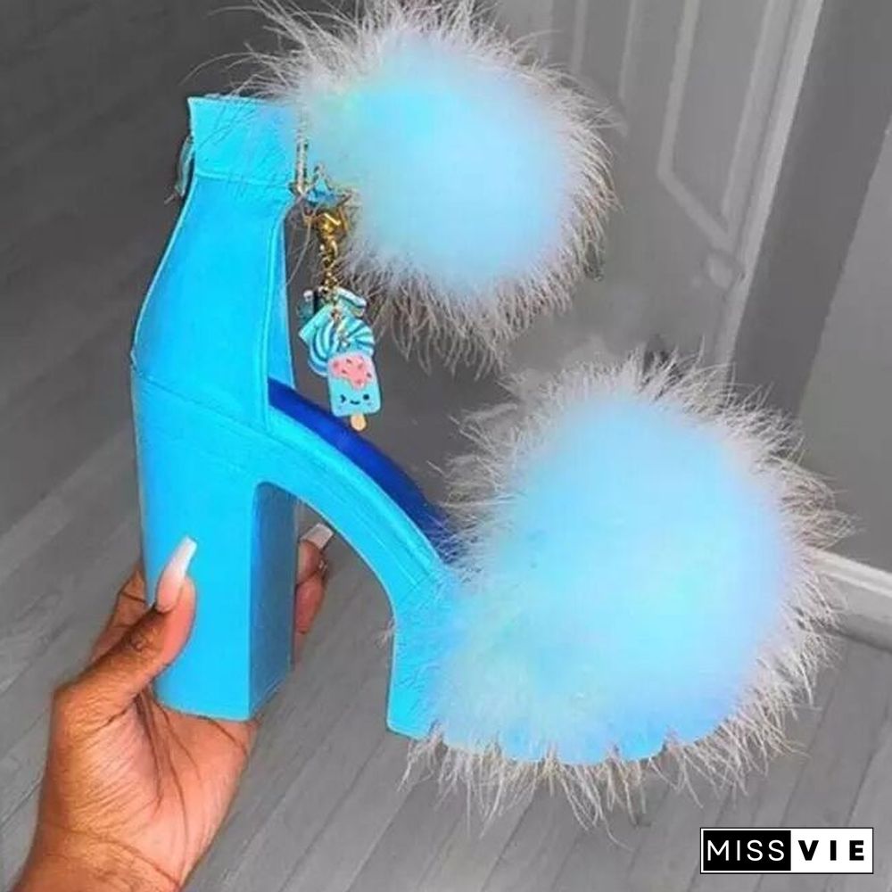 Back To School Outfit  Woman Furry Sandals High Heels With Fur Female Platform Pumps Women Ankle Strap Women'S Wedge Shoes Summer