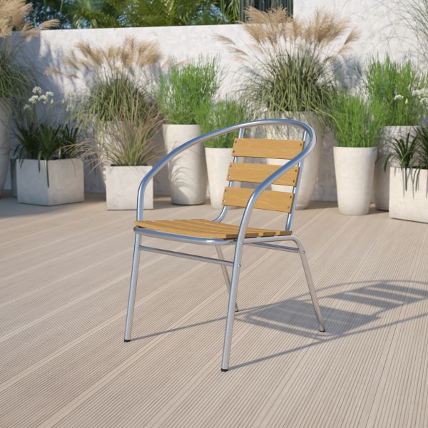 Flash Furniture Aluminum Commercial Indoor-Outdoor Restaurant Stack Chair with Triple Slat Faux Teak Back