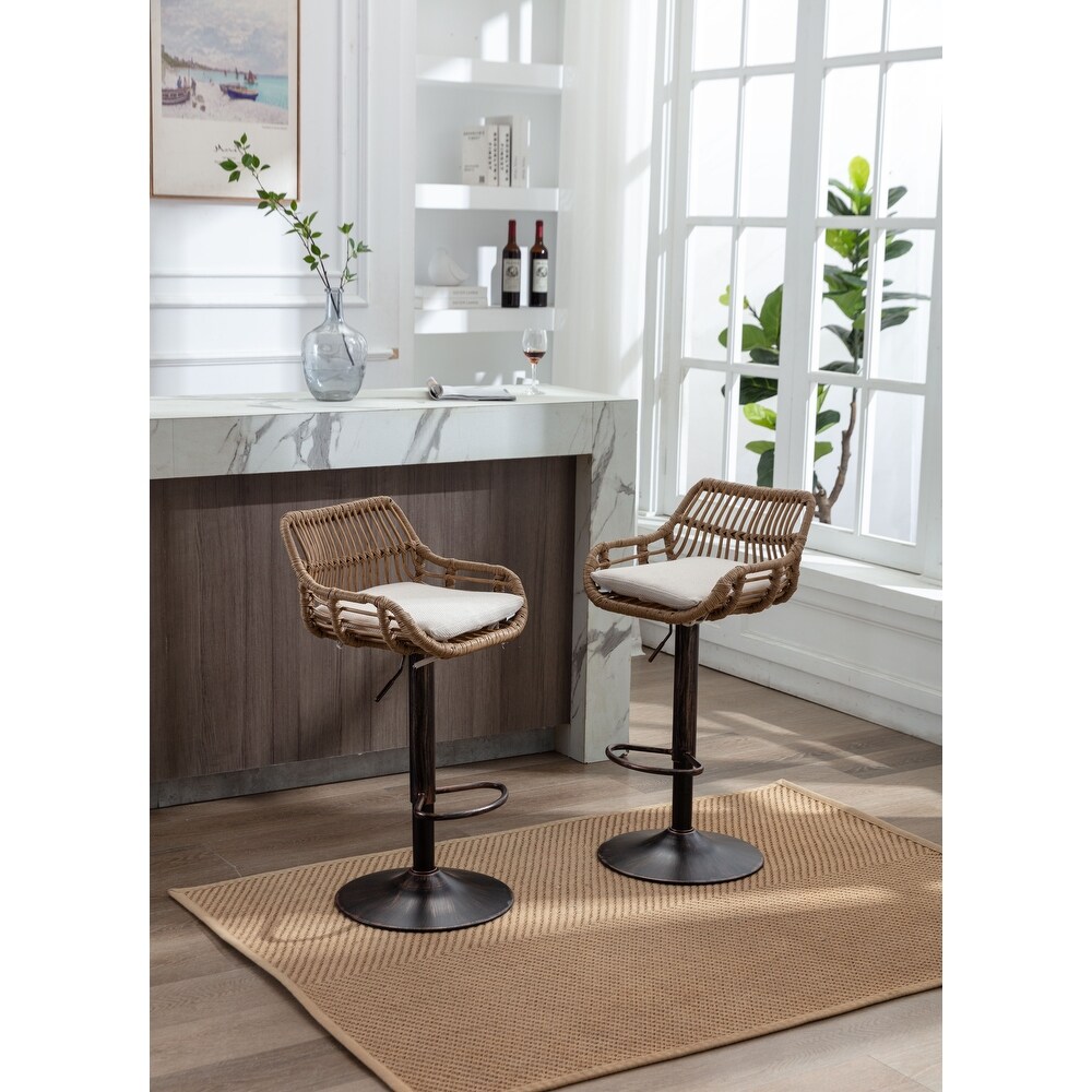 Bar Stools Set of 2 Adjustable Counter Height Dining Chairs  360掳 Swivel Bar Chairs with Rattan Back Linen Cushion   Footrest