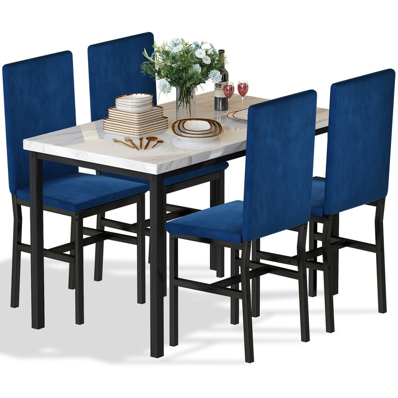 Grondin Modern Style Faux Marble Top 5 Piece Casual Dining Set with 4 Velvet Upholstered Dining Chairs