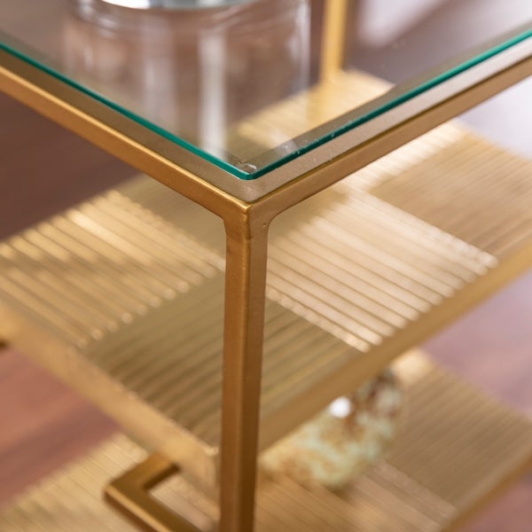 SEI Furniture Pantello Glass-Top Side Table w/ Shelving， Brass