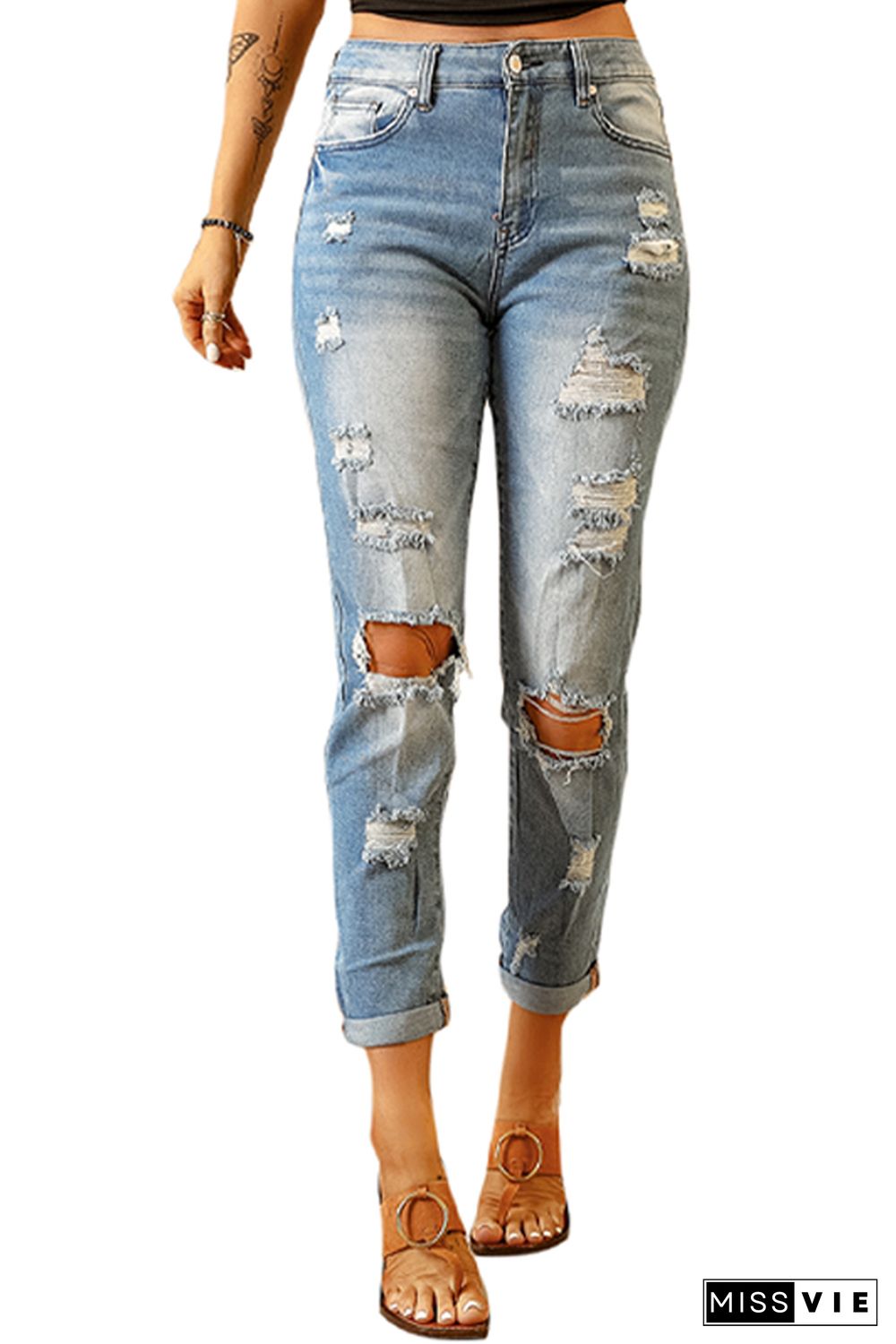 Light Blue Washed Ripped Straight Legs Jeans