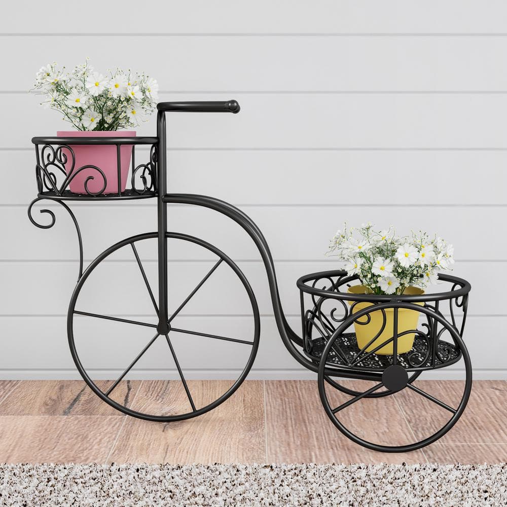 Pure Garden 2-Tier Black Metal Decorative Tricycle Plant Stand HW1500188