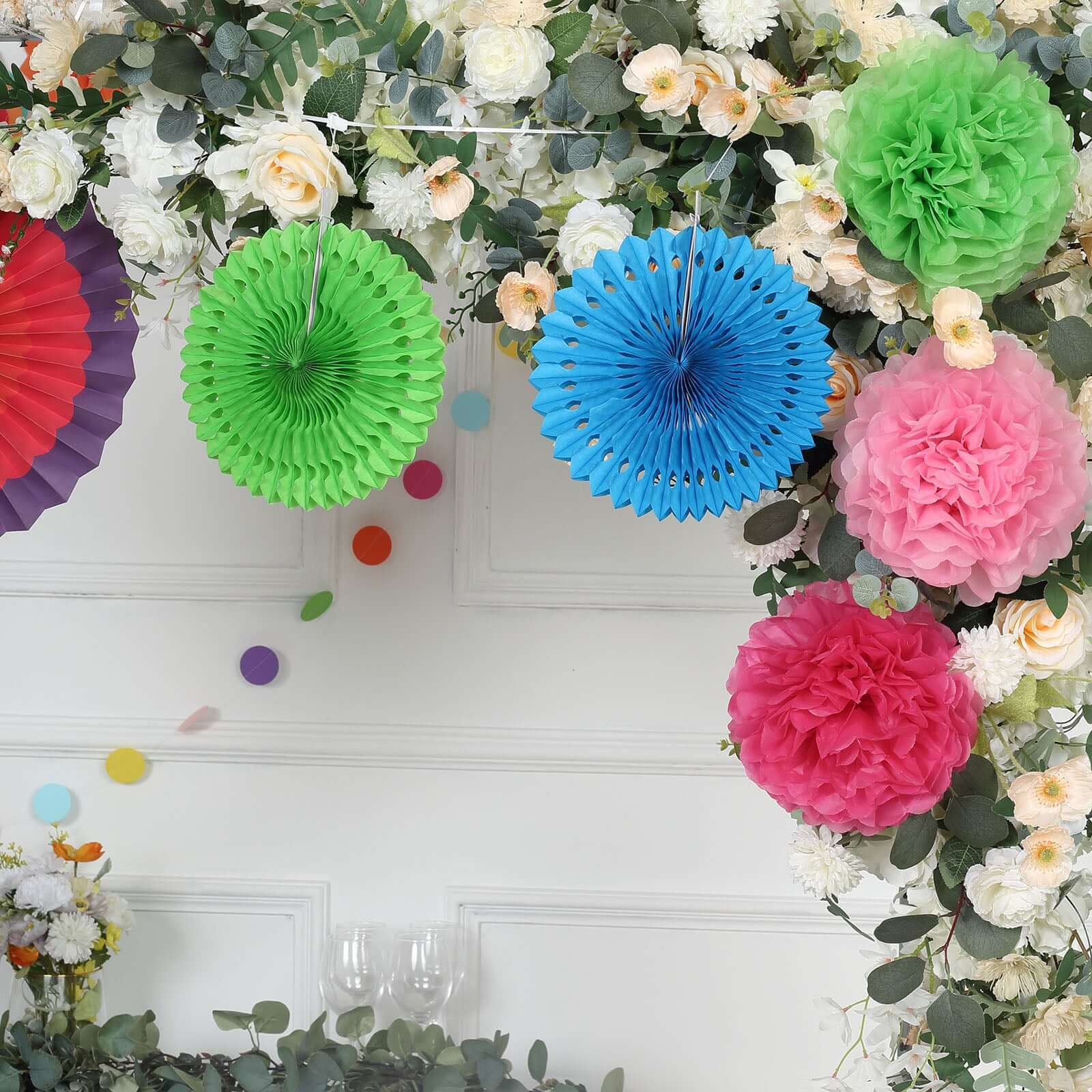 20Pcs Multicolored Hanging Fiesta Themed Party Decorations Kit, Paper Fans, Pom Pom Flowers, Polka Dot and Bunting Flag Garlands Included