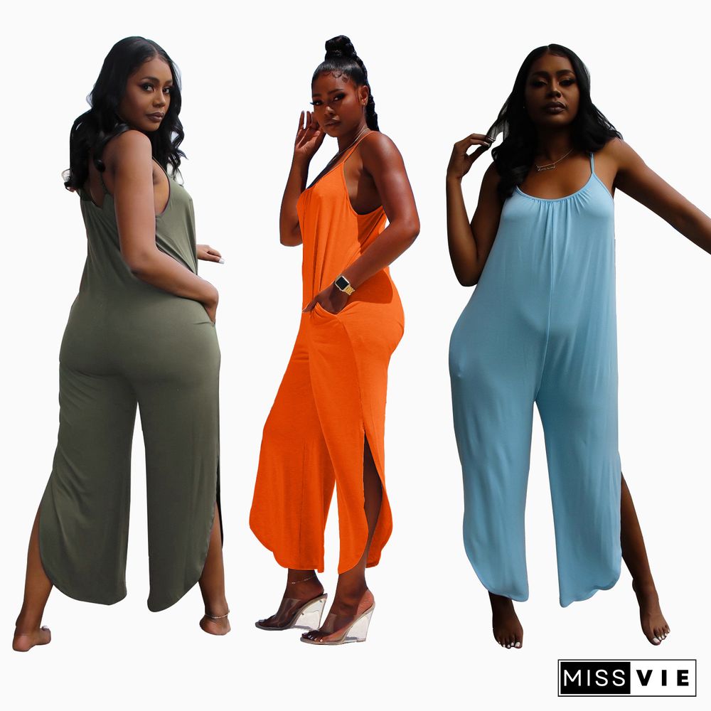 Solid Color Side Slits Mid-Waist Condole Belt Jumpsuit