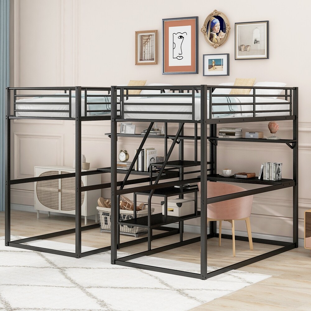 Black Metal Double Twin over Twin Bunk Bed with Two Desks  Shelves  and Storage Staircase  Space Saving  Large Storage