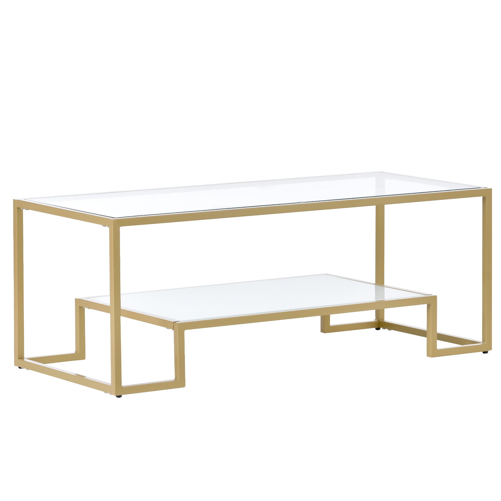 Modern Minimalist Design Living Room Coffee Table, Metal with Stained White Tempered Glass, 2-Tier Sofa Cocktail Tables, Gold