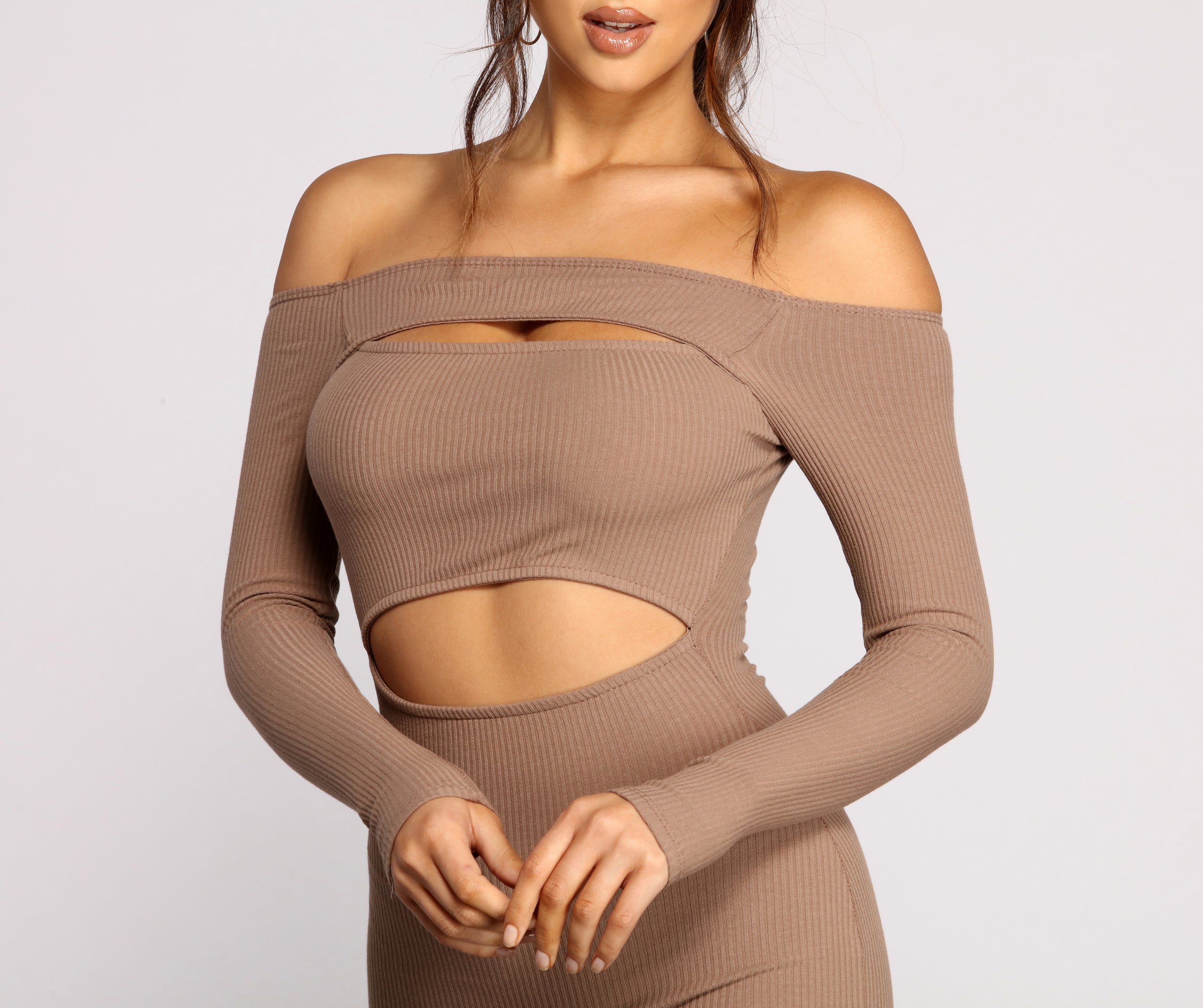 Off The Shoulder Ribbed Knit Cutout Mini Dress