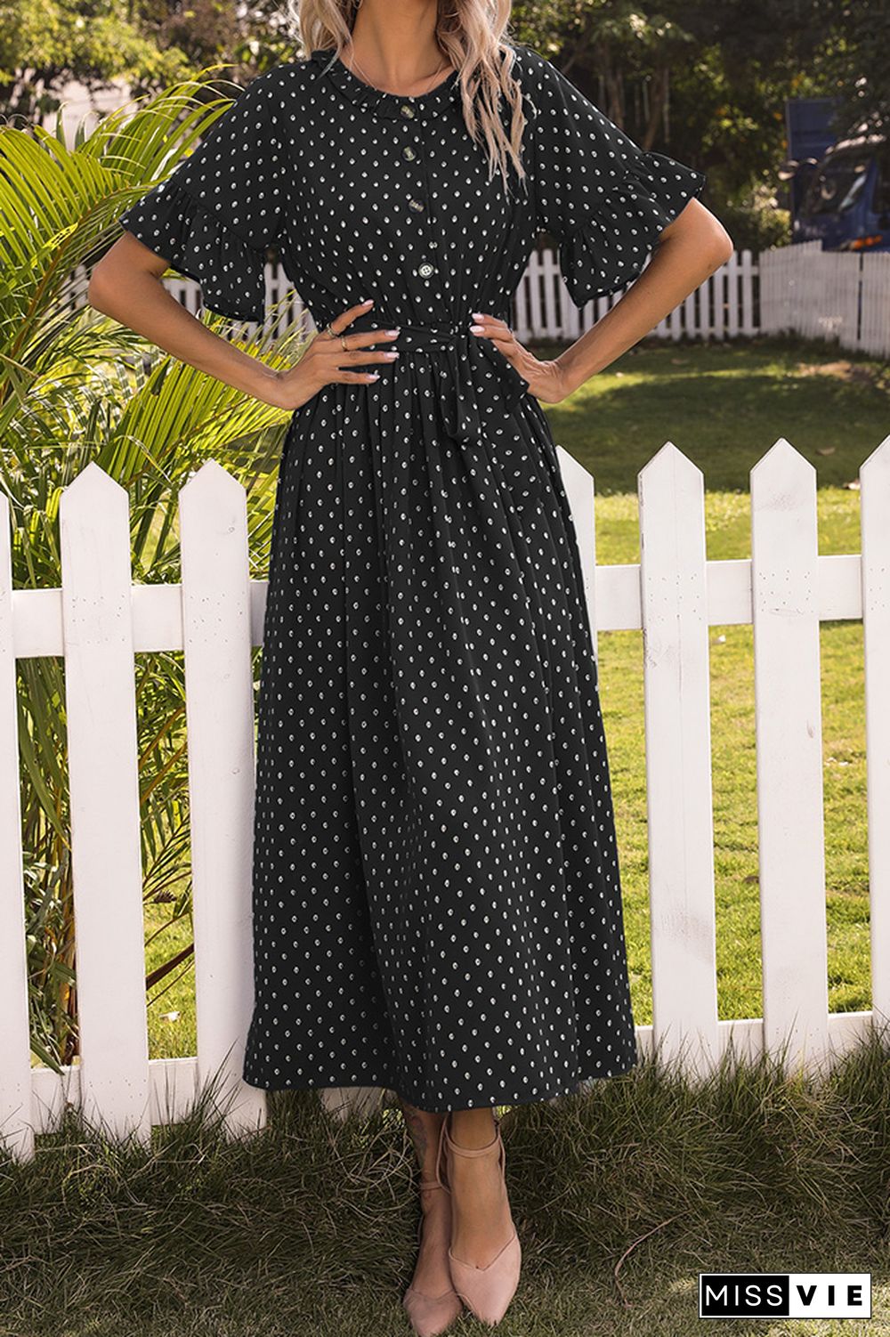 Ruffle Sleeves Polka Dot Buttoned Long Dress