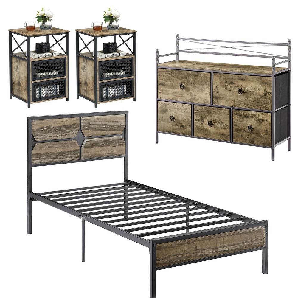 PEATUK 4 Pieces Bedroom Set with Drawer and Nightstands Set of 2  Brown/Grey Set