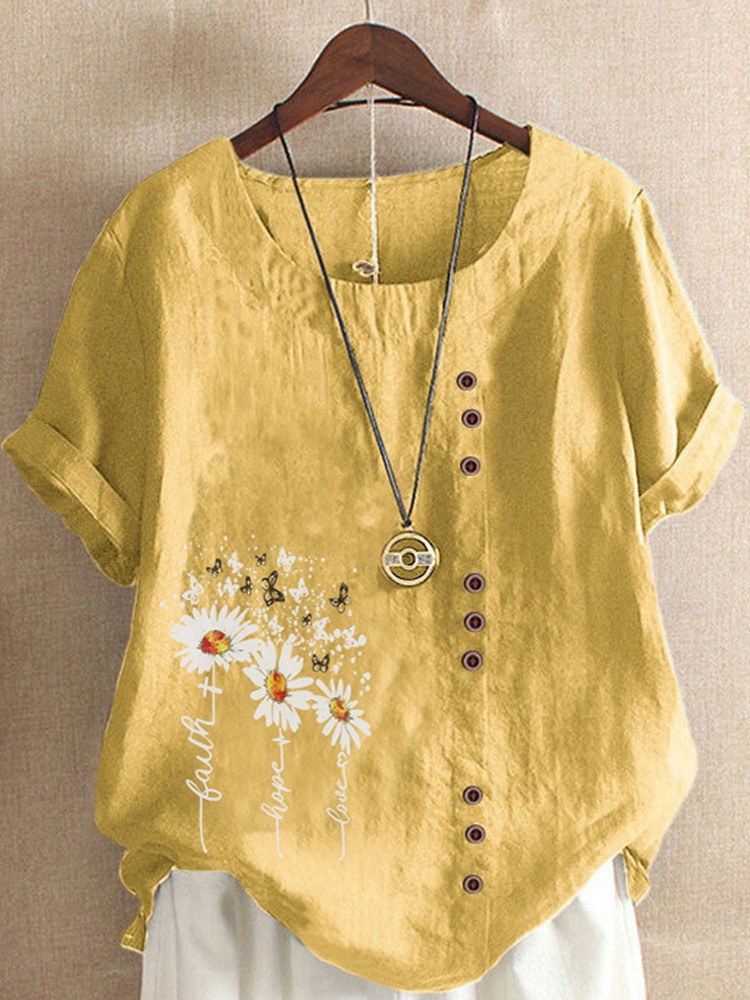 Round Neck Casual Loose Marguerite Flower Print Short Sleeve Blouse