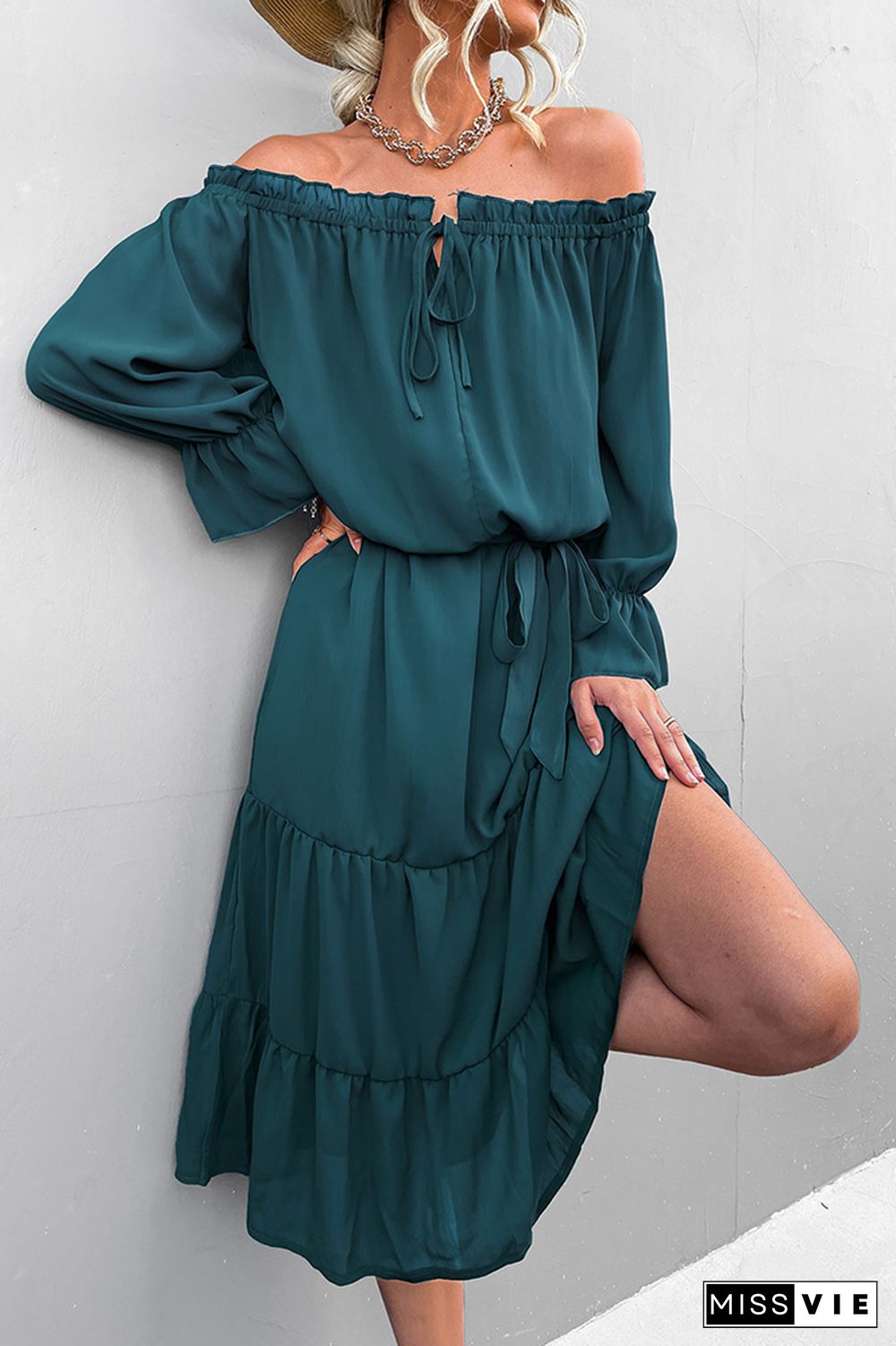 Solid Color Off Shoulder Ruffle Long Sleeves Dress Wholesale