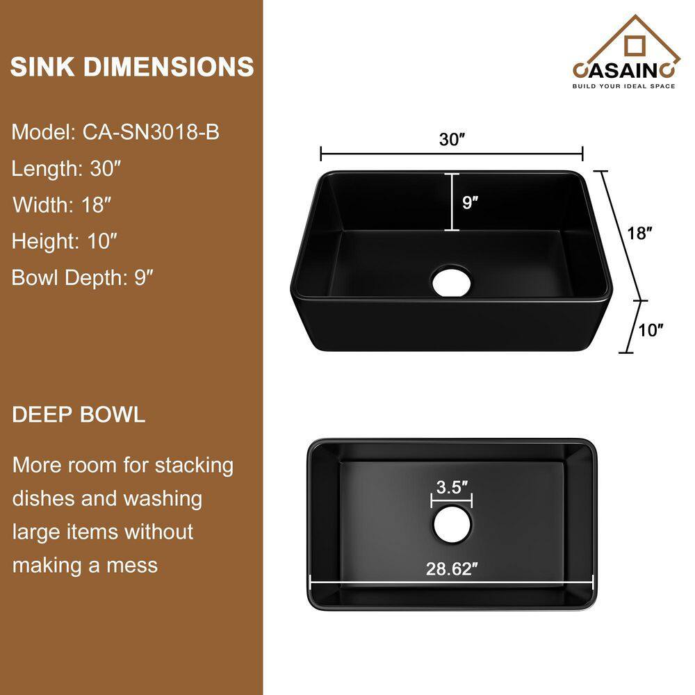 CASAINC Black Fireclay 30 in. Single Bowl Farmhouse Apron Kitchen Sink with Pull Down Kitchen Faucets and Accessories CA-B30-W3374MB