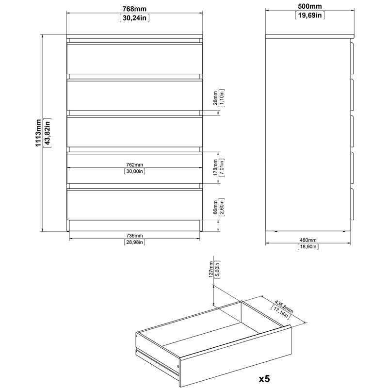 Home Square Contemporary Design 2 Piece Bedroom Set 5 Drawer Chest and Nightstand in High Gloss White