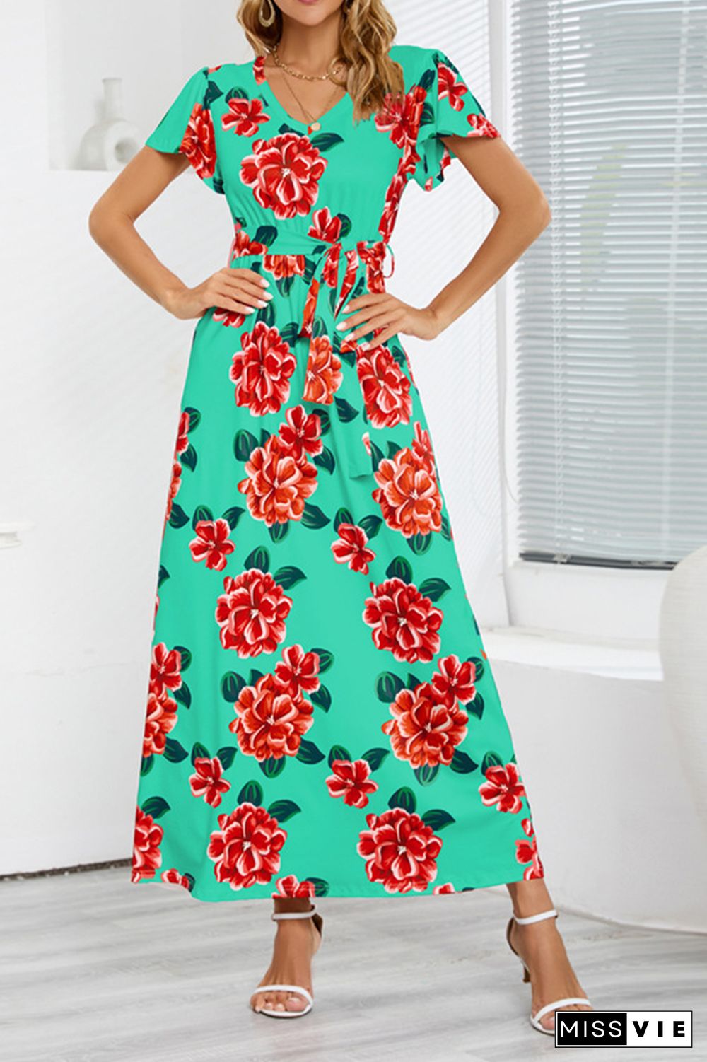 V Neck Short Sleeves Floral Maxi Dress