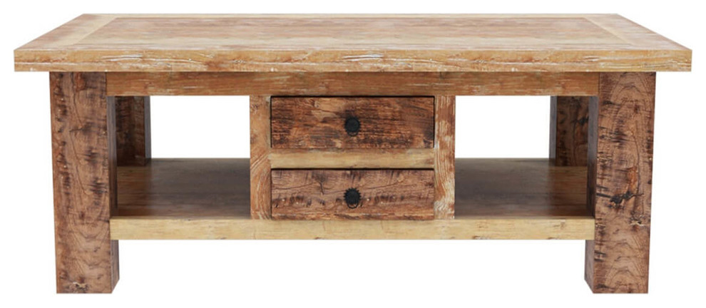 Britain Handcrafted Rustic Teak Wood 2 Drawer Coffee Table   Farmhouse   Coffee Tables   by Sierra Living Concepts Inc  Houzz