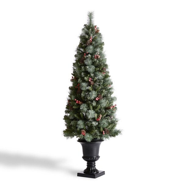 Glitzhome 4ft/5ft/6ft Flocked Pine Christmas Potted Porch Tree With Warm White Lights