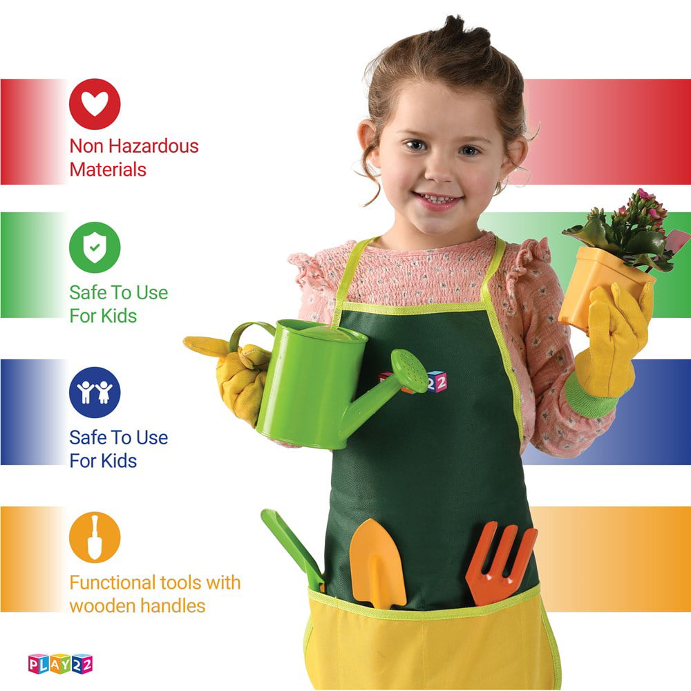 Kids Gardening Tool Set 12 PCS - Includes Shovel, Rake, Fork, Trowel, Apron, Gloves, Watering Can and Tote Bag - Wooden Gardening Tools for Kids - Play22USA