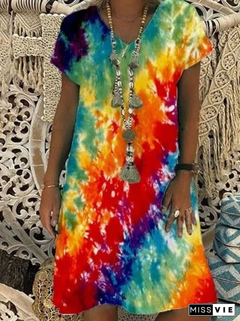 Loose Tie Dyed Printed Women's V-neck Short Sleeved Dress