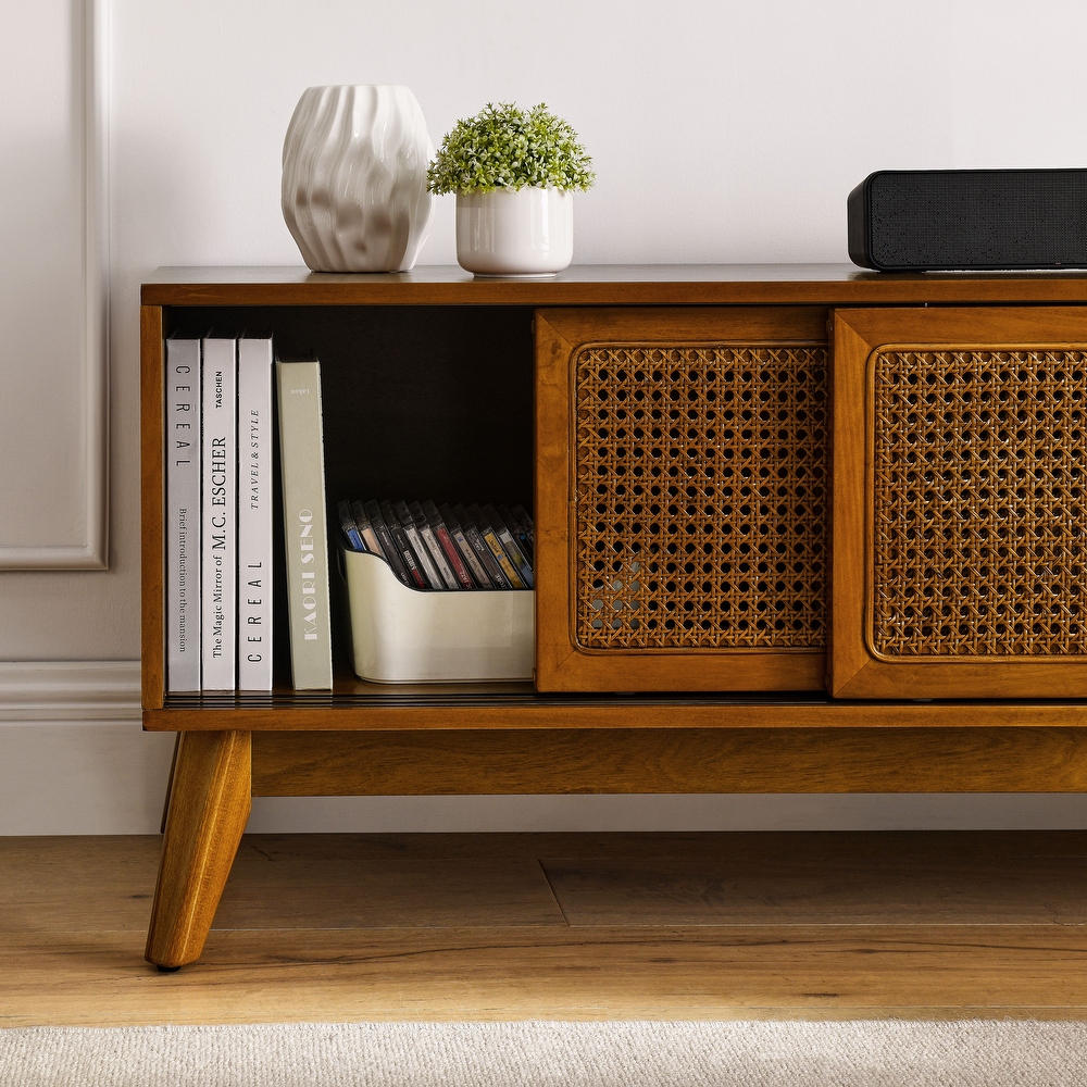 Rattan TV Stand Media Console Entertainment Cabinet for Living Room Bedroom w/ Wood Feet   Rattan Sliding Cabinet Doors