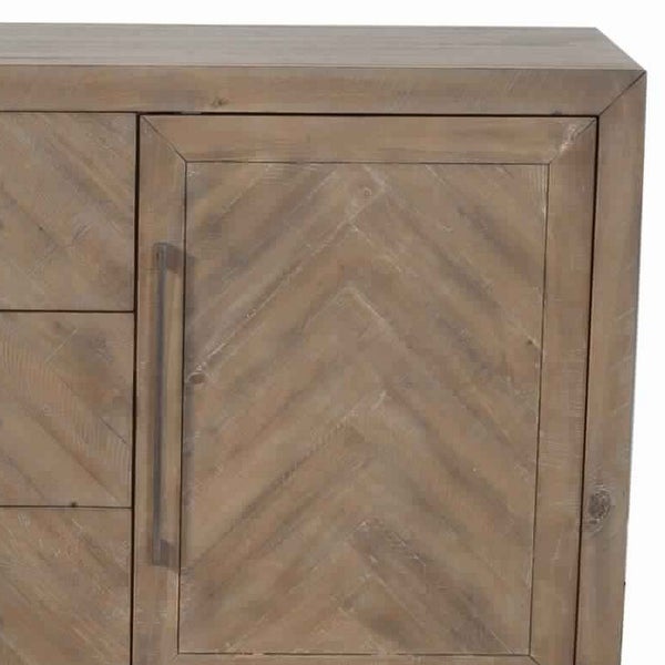 3 Drawer Herringbone Front Wooden Server with 2 Doors， Brown