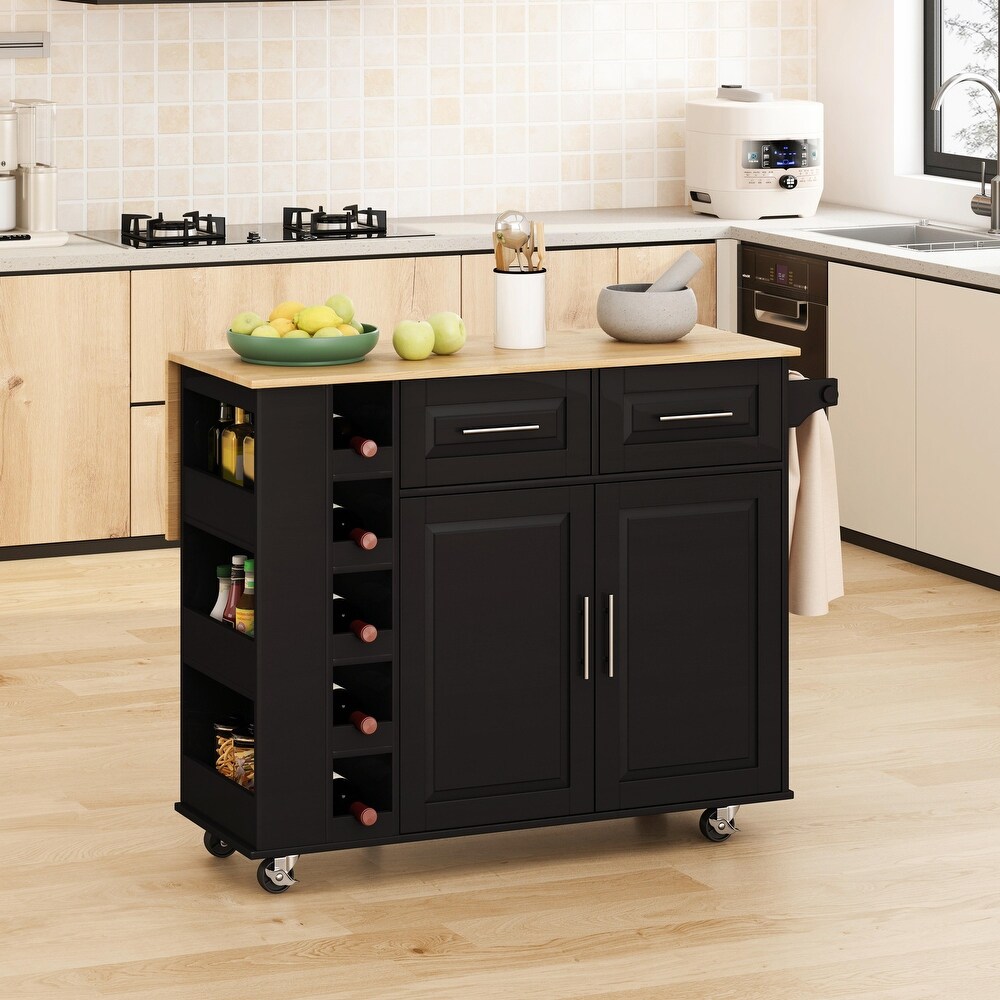 Kitchen Island Cart  2 Door Cabinet  Dual Drawers  Spice Rack  Towel Holder  Wine Rack  Foldable Rubberwood Table