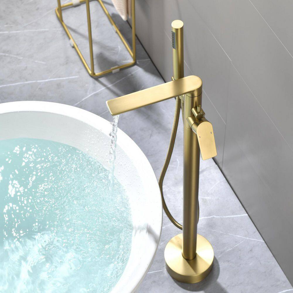 Nestfair Single-Handle Floor-Mount Roman Tub Faucet with Hand Shower in Brushed Gold SMD8008G