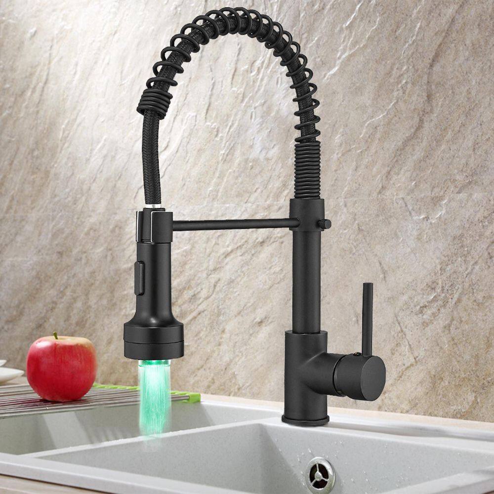 GIVING TREE Single-Handle Spring Spout Pull Out Sprayer Kitchen Faucet with LED Light in Matte Black HDLTQA0004