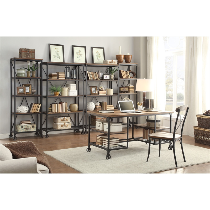 Pemberly Row 40 quot5 Shelf Metal Bookcase in Pine   Industrial   Bookcases   by Homesquare  Houzz