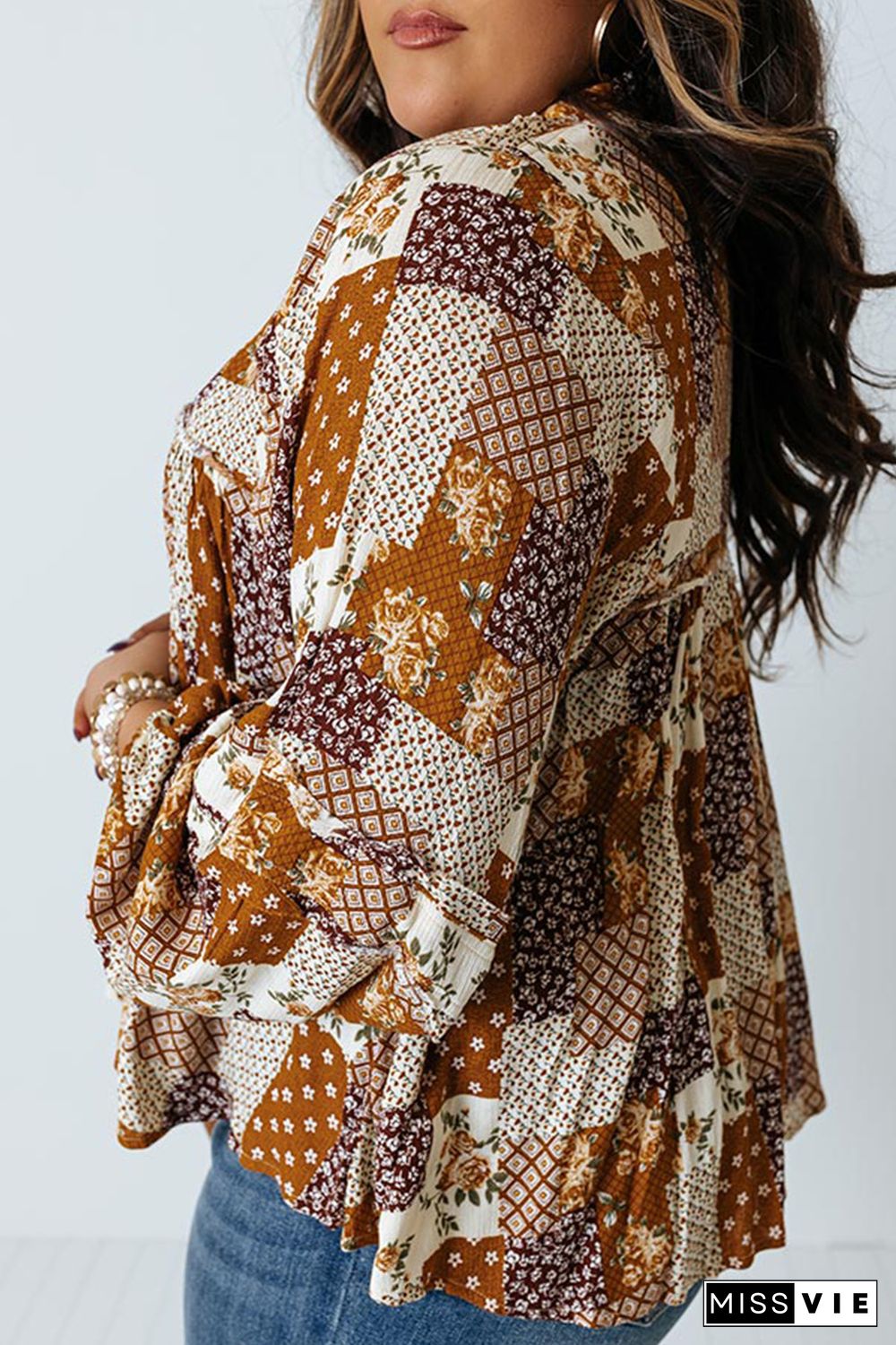 Apricot Turn-down Neck Mixed Print Plus Size Shirt